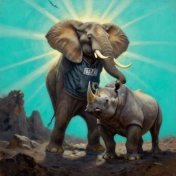 muscular elephant rhino hunter  full body fighting pose wearing sport hoodie , sun rays , big shadows, small bird sihouettes  in cyan background , very textured detailed  oil painting by rembrandt , hard backlight , in dark cave