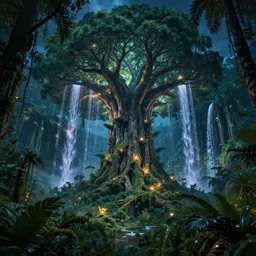 anibale siconolfini style beautiful jungle forest city, gustave dore style huge colossal tree in center, night time, beautiful lights refracting off the waterfalls, magic fantasy magic realism fantasy realm sci - fi lifelike volumetric lighting enchantingly beautiful massive scale macro photography