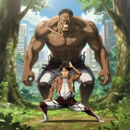lebron james doing yoga in the forest, as an ugly titan, attack on titan, shingeki no kyojin, film still, wide open city