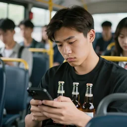 a tired young university student in a black shirt is riding in a crowded bus. student is holding a few bottles of dark beer and is looking at his smartphone. he has a mildly swarthy round face and slick dark brown hair. professional stock photo, 4 k, bokeh, 5 0 mm, close up