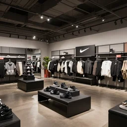 large nike boutique flagship retail. venta black. dark muted furniture!!! with dark shoes and varied clothes. low ceilings with rails and spots. plants. muted colors. architectural photography, 8 k, realistic lighting, reflections, bloom, hyperdetailed environment, pbr materials..