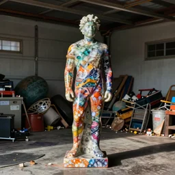a colorful marble statue in a garage full of junk