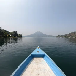 wide angle view, 3d stereoscopic equirectangular 360 on a small boat at lake Batur, fov 90 degrees, horizon centered, yaw 0 degrees
