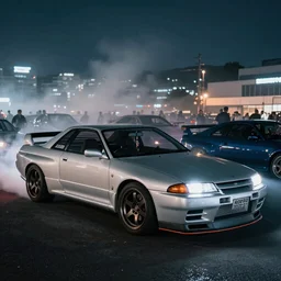 a car R32 GTR twin turbo drift at illegal car meet, Kanagawa prefecture, city midnight mist lights, cinematic lighting, photorealistic, highly detailed wheels, high detail
