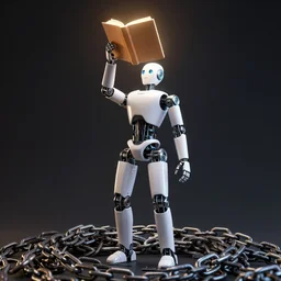 humanoid robot holding a glowing book above head, while standing on a pile of chains