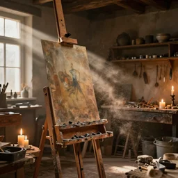 an insanely detailed realistic depiction of rustic artist's workshop, easel, chisel, in the style of peter mohrbacher, artgerm, dramatic lighting and composition, photorealism, ( ( ( ( ( ( candles ) ) ) ) ) ), volumetric lights, ( ( ( ( ( some dust in the rays of lights ) ) ) ) ), octane render, trending