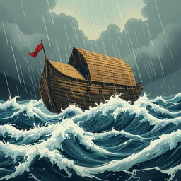 bibilical noah's huge wooden ark boat kentuky ark encounter on huge stormy turbulent waves seas dark clouds and rain, limited neutral palette, by pascal campion, petros afshar, anton fadeev, dean ellis, randolph stanley hewton, beautiful graphic, propaganda poster art 1 9 7 0 s illustrated advertising art, painterly design