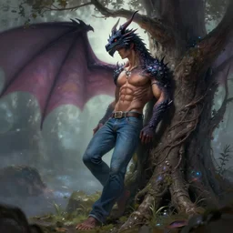 musclebound shadow dragon demi - dragon wearing jeans leans against a magical tree romance novel fantasy artwork epic detailed and itricate digital painting trending on artstation by wlop octane render