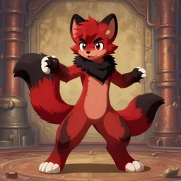 a dashing weasel bandit furry red - and - black fursona animal character { with tail }, mid - action pose on a painted elaborate industrial background by peder balke, ue 5, this fursona has [ a tail! ]