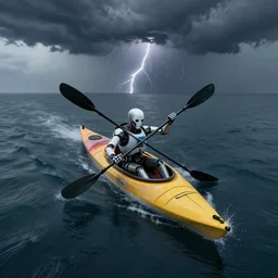 aerial view of a kayak with a cyborg on board during thunderstorm, hyperdetailed, artstation, cgsociety, 8 k