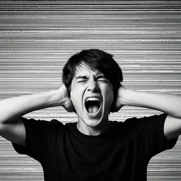 person screaming covering their ears black and white static background