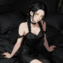 gorgeous woman with braided hair and yellow eyes eyes, wearing a black dress, silver earrings, sitting on her bed, black colors, highly detailed, in the style of and ilya kuvshinov and greg rutkowski, high quality anime artstyle, intricate