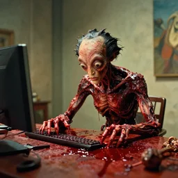 the strange creature is busy working, made of blood, film still from the movie directed by Denis Villeneuve with art direction by Salvador Dalí, wide lens
