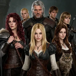 a man with gray hair, a woman with dark red hair, a young woman with blonde hair, a young woman with brown hair, a young man with blonde hair, a young man with brown hair, and a cat with long hair, as characters in skyrim