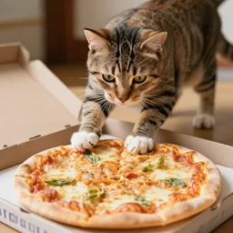 a photograph of a cat stomping on a pizza