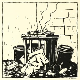 linocut of trash