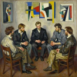 a beautiful masterpiece painting of people who sit around and suppose while the secret sits in the middle and knows, oil painting by cuno amiet and rembrandt and monet, andrey remnev, frank stella, james jean, kazimir malevich, pavel filonov, collage by robert rauschenberg, trending on artstation