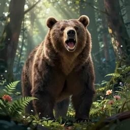 a roaring bear, beautiful, atmosphere, fearsome, vibe, forest, fern, flowers, concept art illustration, color page, tone mapping, akihiko yoshida, james jean, andrei riabovitchev, marc simonetti, digital illustration, greg rutowski, volumetric lighting, sunbeams, particles