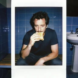 john malkovich sitting on a bench in a blue tiled bathroom, looking despondent, eating a sandwich. tungsten lighting. expired film, polaroid. award winning lighting