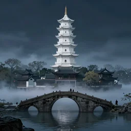 yangzhou, wuting bridge, white pagoda, mysterious light and shadow, by ivan laliashvili, very detailed, digital art, trending on artstation, masterpiece