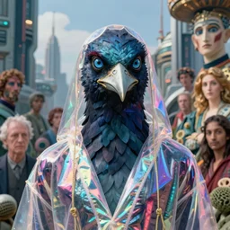 realistic detailed portrait movie shot of a birdman wearing reflective sheer robes, sci fi city landscape background by denis villeneuve, amano, yves tanguy, alphonse mucha, ernst haeckel, max ernst, roger dean, masterpiece, rich moody colours, blue eyes