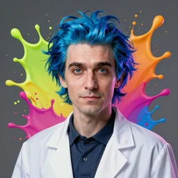 rick sanchez portrait, blue hair with white lab coat by josan gonzalez splash art graphic design color splash high contrasting art, fantasy, highly detailed, art by greg rutkowski