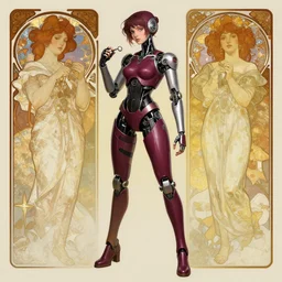 highly detailed full body portrait of android cyborg young adult lady, working on repairs, by krenz cushart, by artem demura, by alphonse mucha, by kaethe butcher, gradient maroon, black, silver and yellow color scheme, grunge aesthetic!!! (