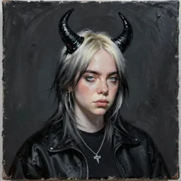 Billie Eilish with a demon horn, oil on canvas, noir effect, artstation, by J. C. Leyendecker and Edmund Blair Leighton and Charlie Bowater,--width 1600