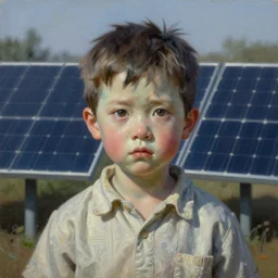 a surreal young boy portrait with porcelain face and big eyes, sourrounded by solar panels, dressed in a vintage shirt, conceptual art, oil fantasy painting, hyperdetailed, dramatic light, 8 k