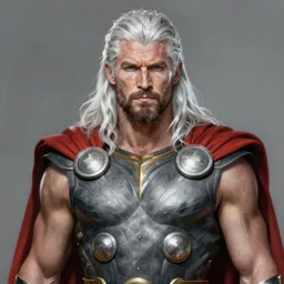 painted portrait of rugged thor, god of thunder, norse god, white hair, masculine, mature, handsome, upper body, grey and silver, muscular, hairy torso, fantasy, intricate, muscular, elegant, highly detailed, digital painting, artstation, concept art, smooth, sharp focus, illustration, art by gaston bussiere and alphonse mucha