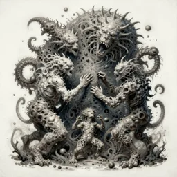 hyperdetailed fine painting with strange and complex textures of a being with chaotic shapes and deformed monsters inside, all fighting each other like subversive and changing particles, surreal cosmic horror