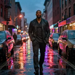 idris elba on a rainy night on the lower east side by jill greenberg, nighttime!!! raining!!!, colorful!!,,