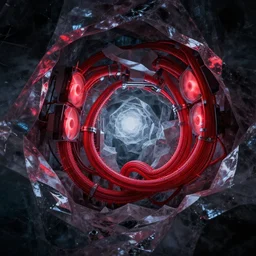 geometric glossy ice cavern with red watercooling coolant tubing and jitter effects, spiky edges, dark, octane render, raytracing, subsurface scattering, global illumination, 8 k, album cover