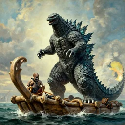 godzilla attacking the raft of the medusa, painting by lawrance alma - tadema, by roger corman, 4 k, hyper - realistic, highly detailed