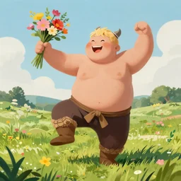 happy male chubby blonde viking with short hair dancing around in meadow holding a bunch of flowers in the style of rutkowski