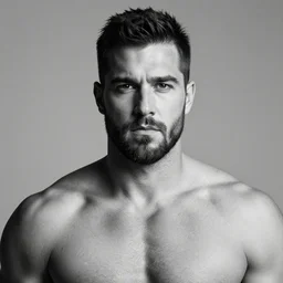chad, man with huge muscular jaw, short black hair, professional studio photography, grayscale