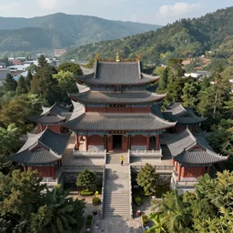 top down view of traditional chinese temple in yunnan, seen from above, surrounded by mountains and forest, greg rutkowski, andreas rocha, concept art