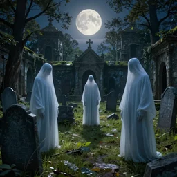 ghostly figures in an ancient graveyard, gravestones, crypts, high - resolution render by stephan martiniere, beeple, simon stalenhag, hdr, super - resolution, perspective, full moon, real - time ray tracing, global illumination, vivid colors