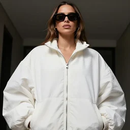 detailed attractive characther portrait of jennifer connely wearing oversized nilon white luxury jacket and wearing sunglasses, realistic, wide angle, dramatic light 8 k