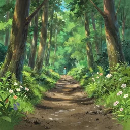 deep muddy forest on a sunny day walkway panorama, blooming, traditional gouache painting by makoto shinkai disney pixar 3 d render and kyoto animation