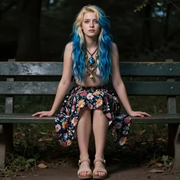 dslr photo of a pretty young woman, full bodied portrait, with blue hair, blonde highlights, sitting on a bench wearing a flower skirt, and body and wearing hemp sandals and a very detailed faerie necklace around neck, artgerm, artstation, very high quality face, intricate details, extremely high quality, moody lighting, real camera, real photo, photography by deviantart, 8 k, full subject in shot