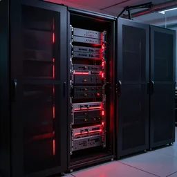 server room with red ambient lights, realistic,