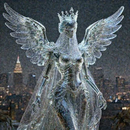 beautiful 3 d model illustration of skeleton queen made of glass with crown, feathered wings, shrouded face, veiled face, ornate flowing robes, city of los angeles in background, 4 k, trending on artstation, volumetric lighting, moody, dramatic, introspective, octane render,