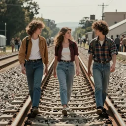 young friends walking on train tracks on a sunny day, 1 9 8 0 s, moody cinematic photo, friendship, good feeling, hyper real, octane render, 8 k, photorealism