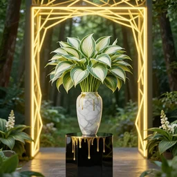 beautiful vase of hosta flowers made of marble on a pedestal made of black glass + lit with geometric neon dripping gold + forest in background!!!, a doorway opening with neon yellow geometric fractal light + flowering hostas, transcendent, clean linework, dramatic, finely detailed, 4 k, trending on artstation, photorealistic, volumetric lighting, octane render