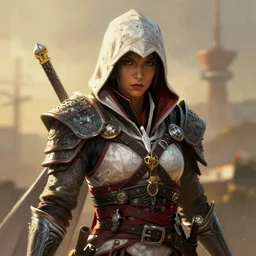 unknown female Assassin's Creed: Japan character portrait, partially clothed in hooded assassins armour, atmospheric lighting, painted, intricate, volumetric lighting, beautiful, golden hour, sharp focus, ultra detailed, by Leesha Hannigan, Ross Tran, Thierry Doizon, Kai Carpenter, Ignacio Fernández Ríos