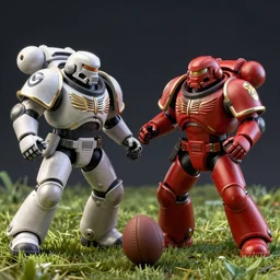 Digital art of two Space Marines playing football. Detailed, realistic.