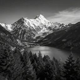 award winning landscape photography of mont blanc with lake and forrest in foreground by ansel adams, wide angle, high contrast, black and white, dramatic, beautiful light, fine detail