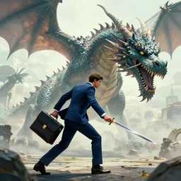 cinematic artwork, wide shot of a man in a blue business suit with short brown hair holding a briefcase in one hand and a sword in the other, charging at a giant dragon by Greg Rutkowski, 4k, masterpiece