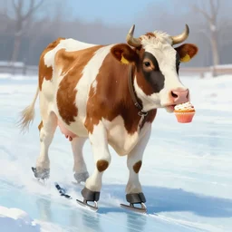 a cow ice skating while eating a cupcake, beautiful digital painting, octane render, trending on artstation